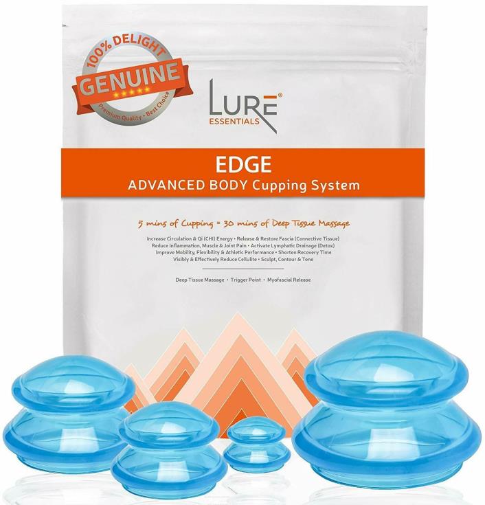 LURE Essentials Lure Cupping Therapy Massage Sets Silicone Vacuum Suction 4 Blue