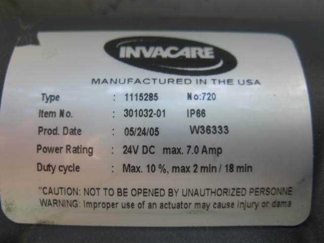 INVACARE  HOSPITAL BED ACTUATOR MOTOR DRIVE 301032-01 IP66 TYPE 1115285