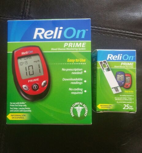 NEW ReliOn Prime Blood Glucose Monitoring System + 25  test strips
