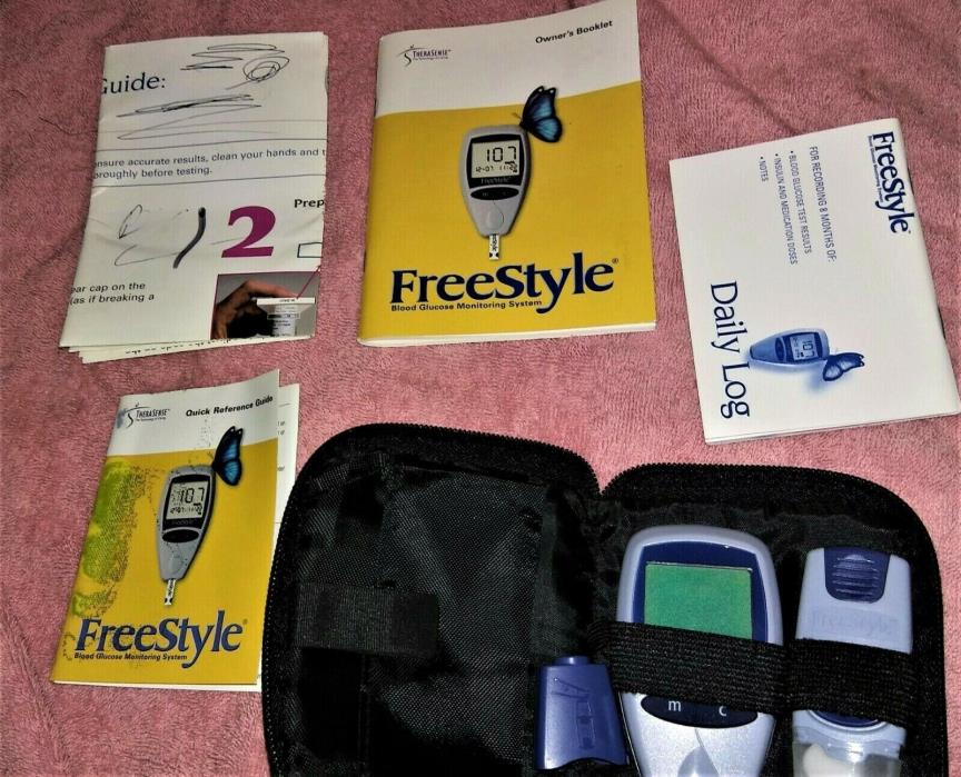 Feestyle therasense blood glucose meter monitor, case/manuals/Daily Log/Lansing+