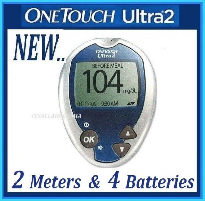 2x NEW OneTouch Ultra2 Blood Glucose Meters Monitors & 4 New Batteries, LifeScan
