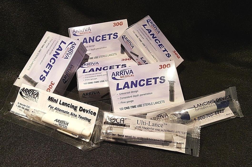 Lot Of 5 Boxes (100 Ea) Arriva Lancets & 3 Lancing Devices Exp 2019