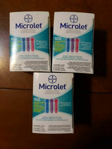 3 Bayer Microlet Colored Lancets -100 Count per box EXP 09-2021