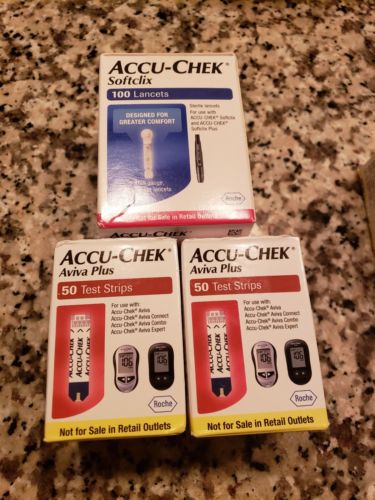 Accu-Chek Aviva Plus 100ct. glucose test strips, and 100ct. Softclix lancets.