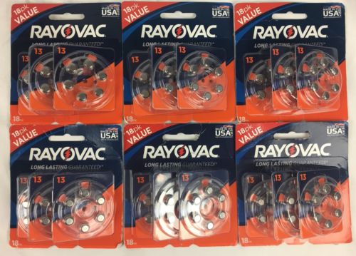 Lot of 6 Rayovac Size 13 Hearing Aid Batteries 18 Pack Mercury Free