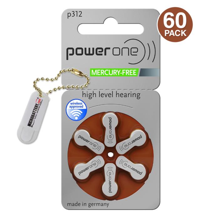 Power One Hearing Aid Batteries PR41, P312, Size 312 (60 Batteries) + Keychain