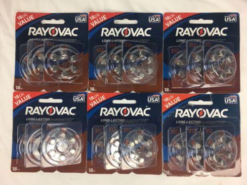 Lot of 6 Rayovac 312 Hearing Aid Batteries 18pk Expire 2020 or later (108 Total)