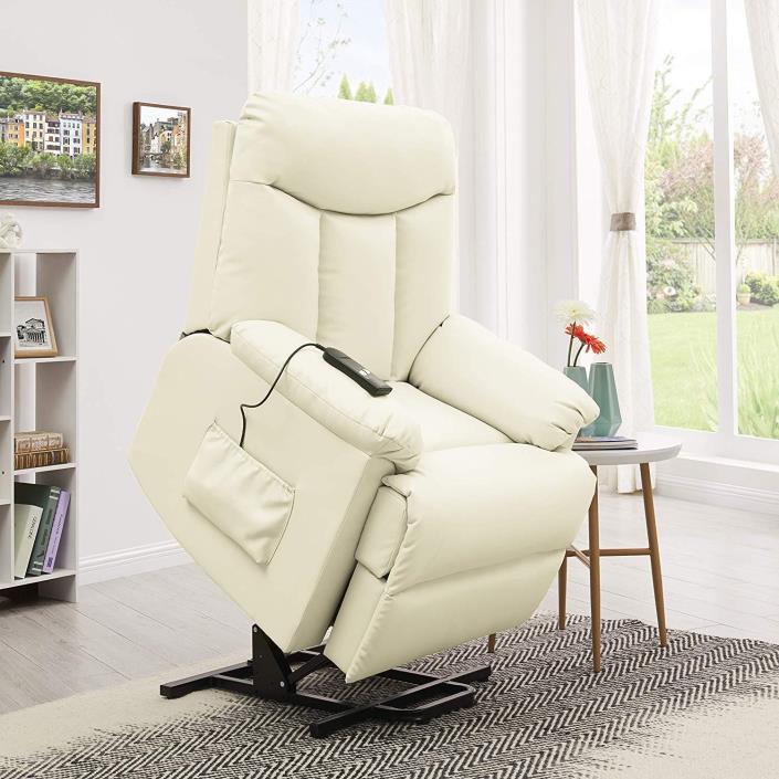 Electric Lift Chair Recliner Cream Leather Power Motion Lounge Seat New