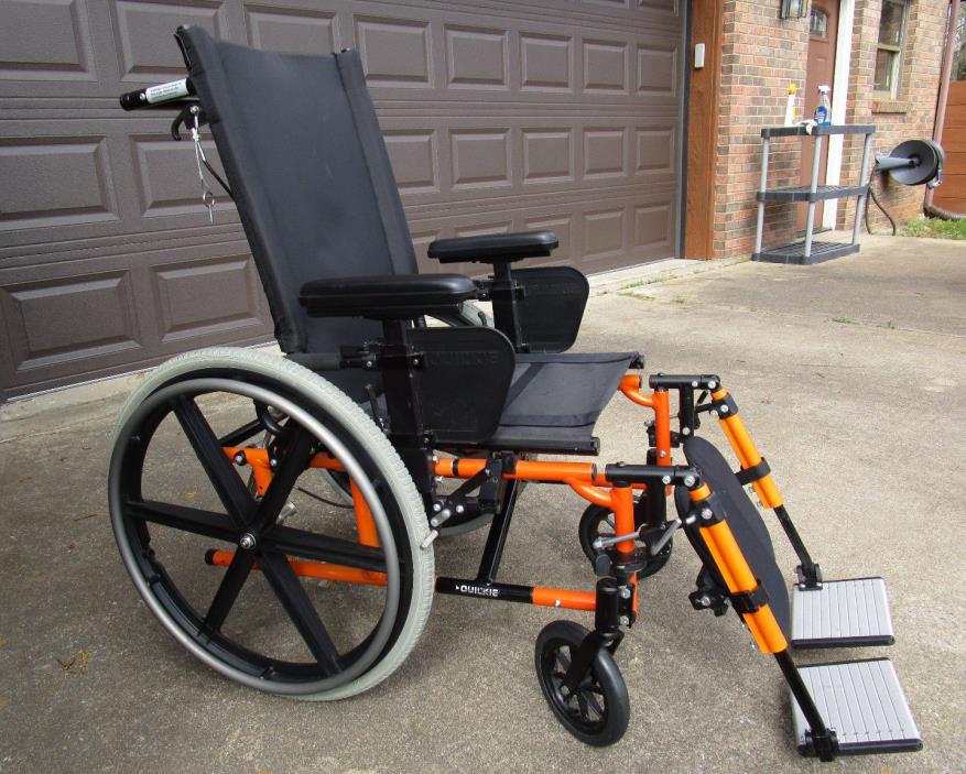 QUICKIE ORANGE LIGHTWEIGHT FOLDABLE WHEELCHAIR ELEVATED LEG RESTS/FOOT PLATES