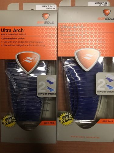 2 PAIR Sofsole Ultra Arch Comfort Gel Insoles.  Men's Size 7-12