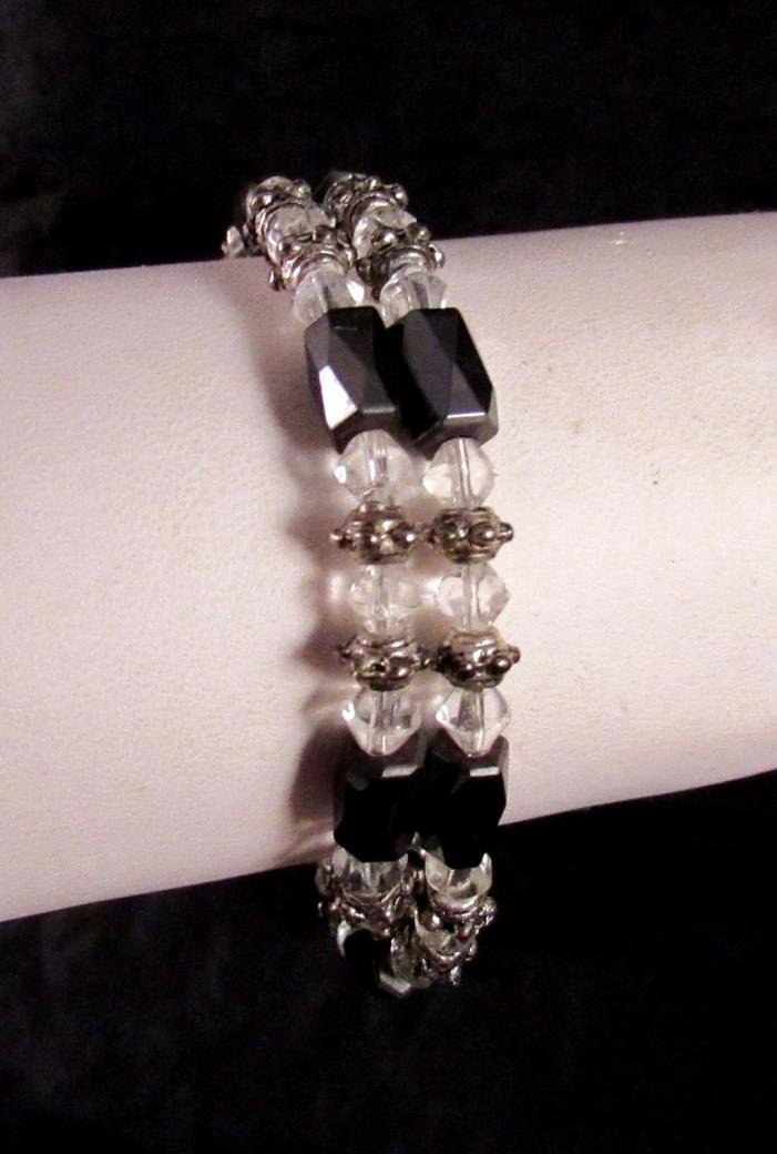Hand Made Magnetic Bracelet Clear and Silver Tone Beads Black Magnetic Spacers