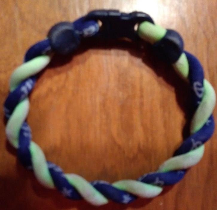 8 INCH SLIGHTLY USED PHITEN GREEN AND BLUE BRACELET.