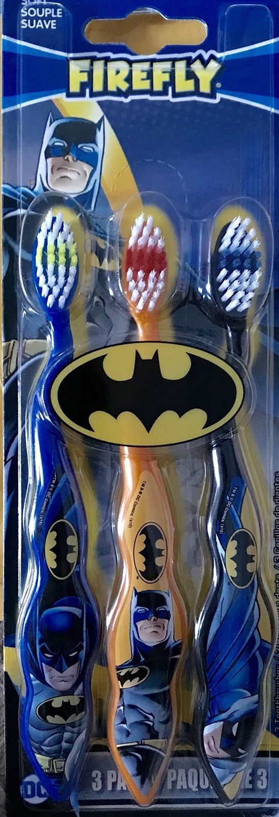 (3) Soft Toothbrushes, Firefly Various Batman Themed Brushes Blue, Orange, Black