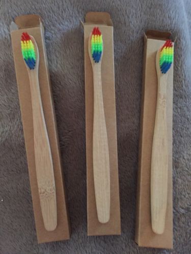 3 Bamboo Toothbrush Soft Multi Color/ Rainbow Bristles For Adults Eco Friendly