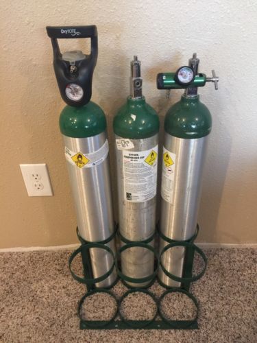 Qty 3 Empty Medical Oxygen Tanks With 2 Regulators And Stand