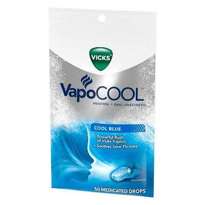 4 Pk Vicks VapoCOOL Menthol Oral Anesthetic Medicated Drops, Cool Blue, 50 Each