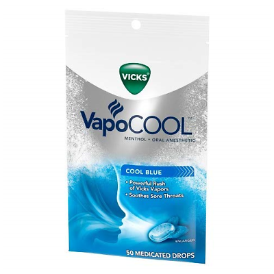 3 Pk Vicks VapoCOOL Menthol Oral Anesthetic Medicated Drops, Cool Blue, 50 Each