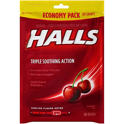 Halls Cherry Cough Drops - with Menthol - 960 Drops 12 bags of 80 drops