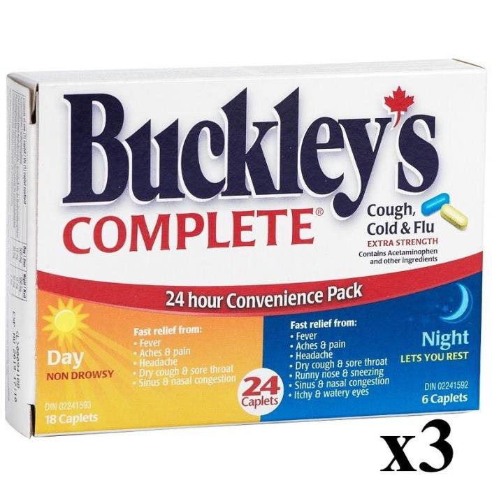 3 boxes Buckley's Cough, Cold & Flu Extra Strength Day/Night 24 Caplets