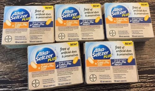 5 packs ALKA-SELTZER Plus Multi Symptom Day/Night Combo Cold/Flu Gels 100 Ct