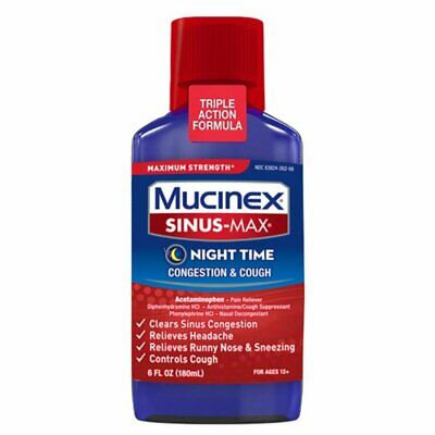 Mucinex Sinus-Max Max Strength Night Time Cough & Congestion Relief Liquid, 6oz