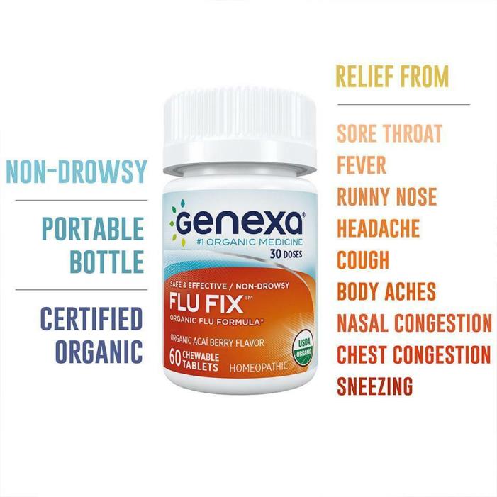 Genexa Flu Fix Medicine:Organic Chewable Tablets-60 ct-Flu,colds & other symtoms