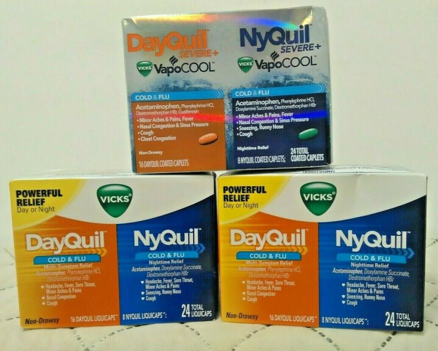LOT OF 3 VICKS DAYQUIL / NIGHTQUIL COLD & FLU + SEVERE VAPOCOOL EXP 03/2020