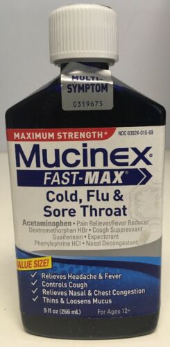 New! Mucinex Fast-Max Liquid Cold Flu Sore Throat Cough Syrup 9oz Exp 10/17 4D