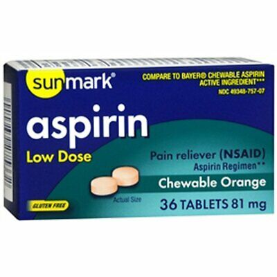 Aspirin Pain Reliever Chewable Orange Flavor Tablets 81 mg 36 Count, 12 Pack
