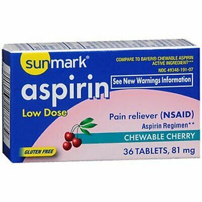 Aspirin Pain Reliever Chewable Cherry Flavor Tablets 81 mg 36 Count, 12 Pack
