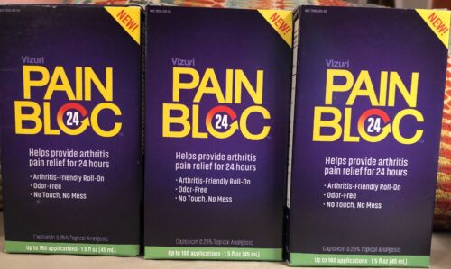 3 VIZURI PAIN BLOC 24 ARTHRITIS PAIN RELIEF ROLL-ON 1.5oz EA EXP 5/19