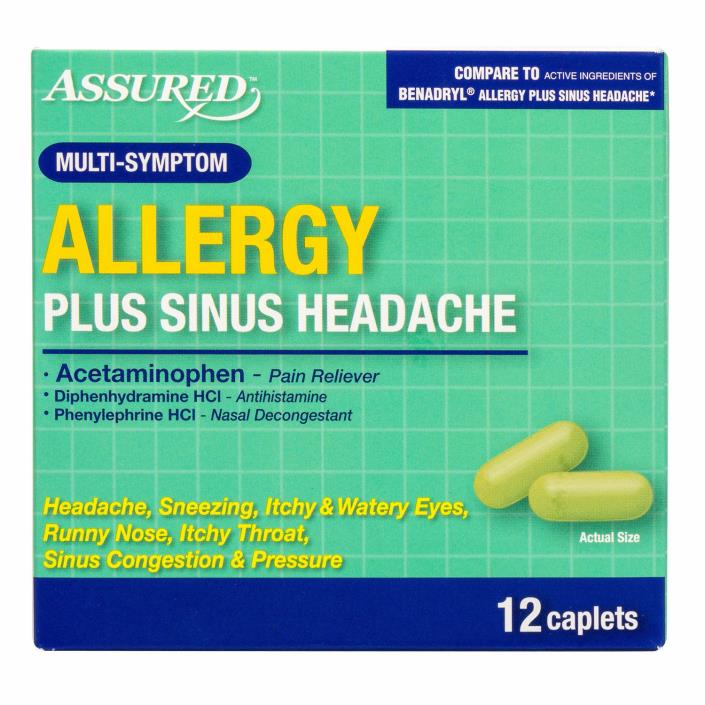 Assured Allergy Plus Sinus Headache 12 Caplets Compare to Benadryl Allergy+ 3/19