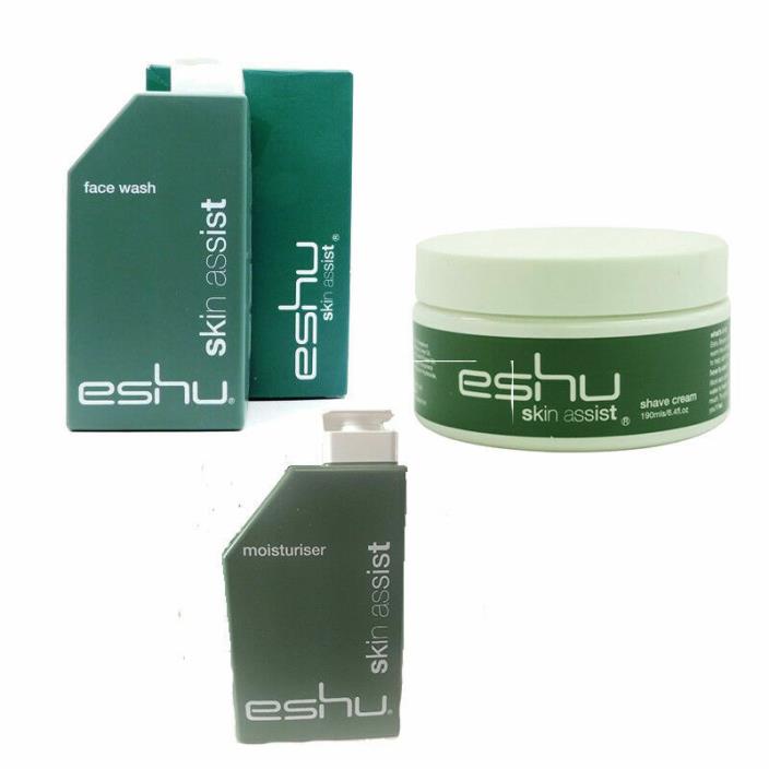 Eshu Skin Assist Men's Face Wash 4.7oz Moisturizer 3.4oz and Shave Cream 6.4oz