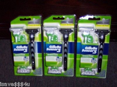 3 NEW PKGS GILLETTE SENSOR 3 SENSITIVE DISPOSABLE RAZORS WITH BONUS MACH 3 RAZOR