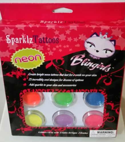Sparkle tattoos neon bling girls two brushes 6 Glitters 6 tattoos tapes