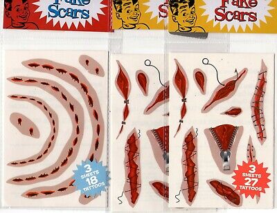 Lot of 3 Packs Fake Scars Temporary Tattoos 72 Total Halloween Costume Accessory