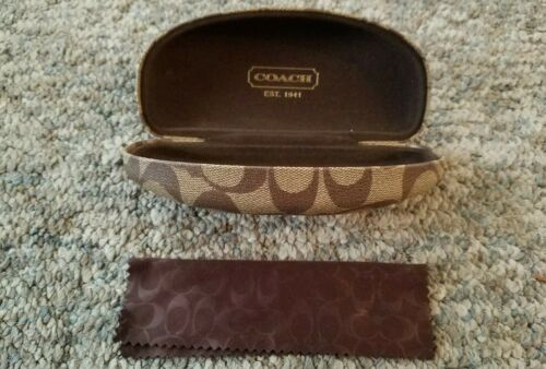 Coach Sunglass Eyeglass Case Signature Tan Brown Hard Clamshell with wipe