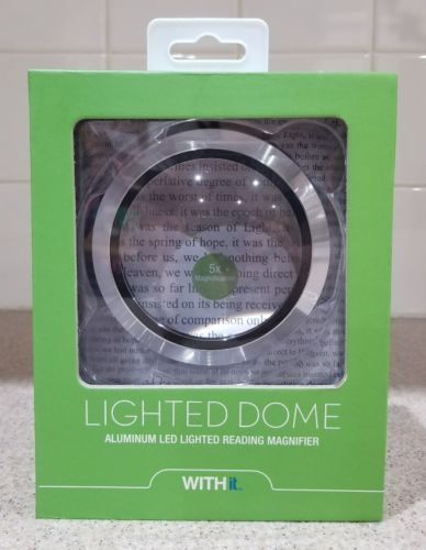 New WITHit Lighted Dome Magnifier - Aluminum LED Lighted Reading Magnifier Black