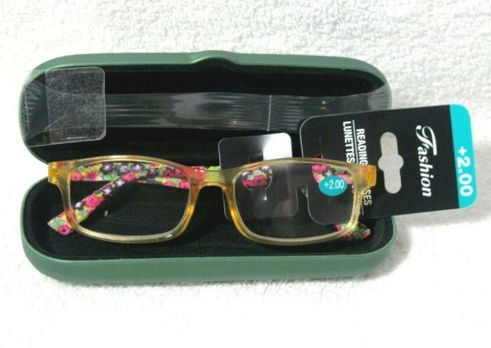 +2.00 Reading Glasses Yellow with Flowers - Green Hard Case Included!