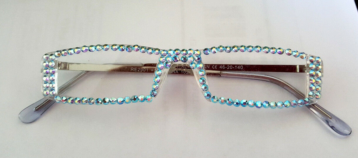 BLING READERS  READING GLASSES MADE WITH AQUA AB SWAROVSKI CRYSTALS SILVER ARMS