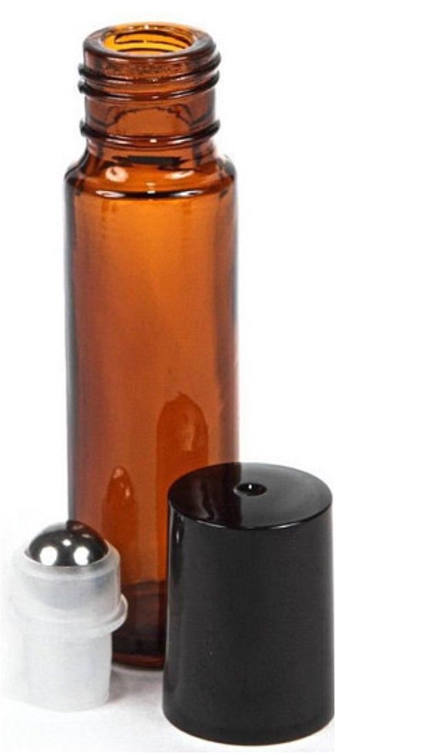 144 Amber Bottles 1/3 oz/10 ml Roll on W/BLK Cap/Steel Roller Essential Oil