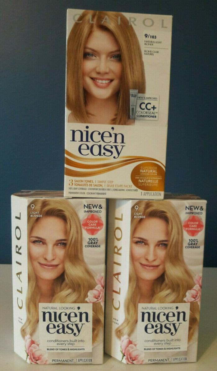 Lot of (3) CLAIROL Nice'n Easy #9 Light Blonde Permanent Hair Color / Free Ship