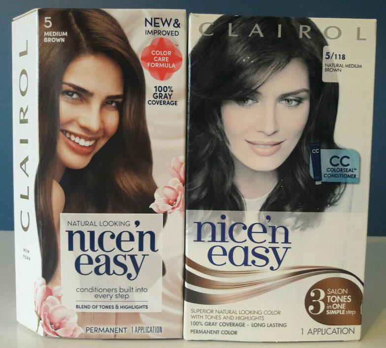 Lot of (2) CLAIROL Nice'n Easy #5 Medium Brown Permanent Hair Color / Free Ship
