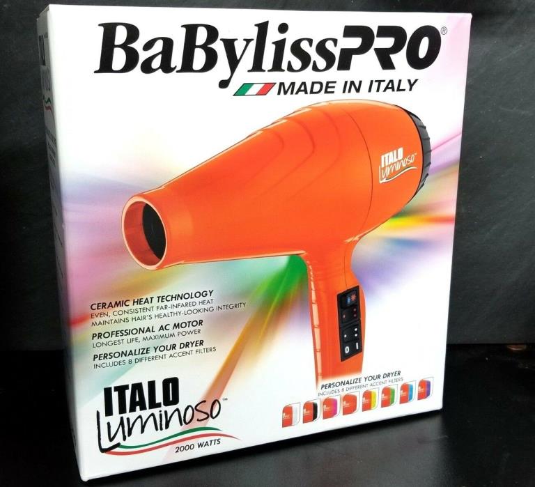 BABYLISS PRO ITALO LUMINOSO BLOW DRYER ORANGE 2000 WATTS 8 COLORED ACCENT FILTER