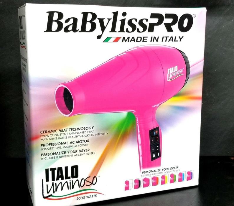 BABYLISS PRO ITALO LUMINOSO BLOW DRYER PINK 2000 WATTS 8 COLORED ACCENT FILTER