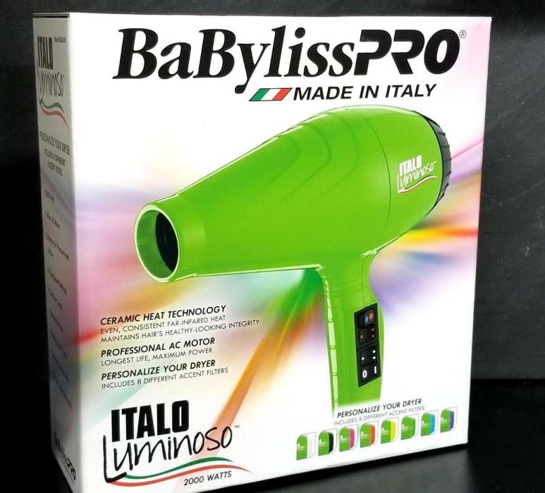 BABYLISS PRO ITALO LUMINOSO BLOW DRYER GREEN 2000 WATTS 8 COLORED ACCENT FILTER