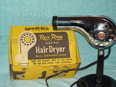 Vintage Chrome Rex - Ray Electric Hair Dryer w/ Stand, Box & Cap