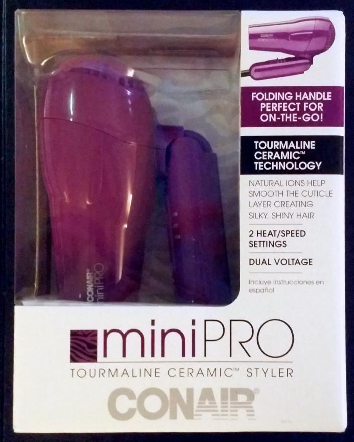 NEW Purple CONAIR Mini PRO Tourmaline Ceramic Hair Dryer with Folding Handle