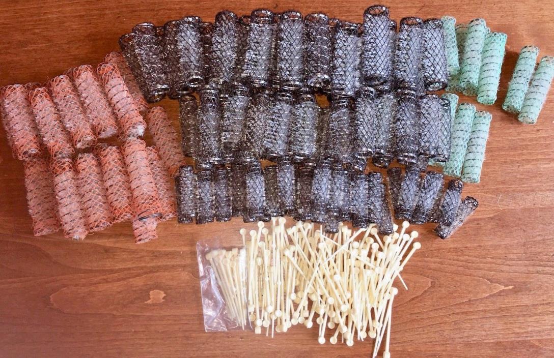130 + Vintage Wire Brush Style Mesh Hair Rollers Curlers Large to Small & Picks