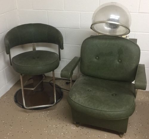 Vintage Set Of Helen Curtis Salon Chairs, Barber Chair And Dryer Chair